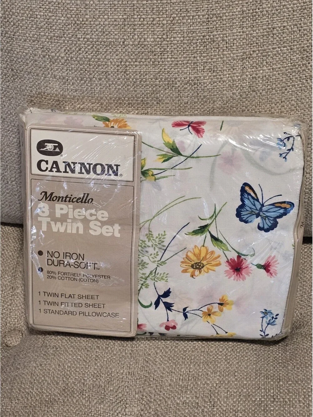Vintage Cannon Monticello 3 Piece Twin Sheet Set Flowers Butterflies NEW